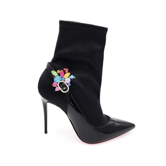 Christian Louboutin Jessie Joli Crystal Satin Black Patent Leather Bootie EU 37 - Picture 2 of 10